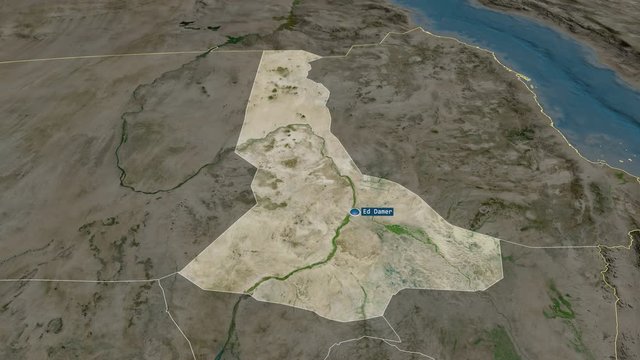 River Nile - state of Sudan with its capital zoomed on the satellite map of the globe. Animation 3D