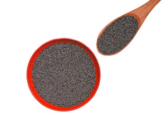 Basil seeds or Grain seeds,Hairy,Sabja,Cereal in wooden spoon and red cup isolated on white background.Scientific name is Ocimum x citiriodourum.Top view and close up.