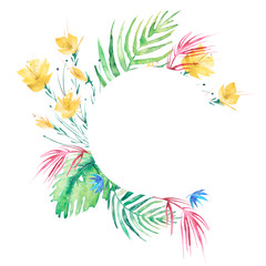 Fototapeta na wymiar Watercolor round logo, frame from tropical plants, palm leaves, flowers. Vegetable ornament on a white background. Watercolor card, invitation, logo. Circular element for your design