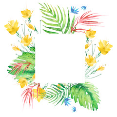 Fototapeta na wymiar Watercolor logo, frame from tropical plants, palm leaves,yellow flowers. Vegetable ornament on a white background. Watercolor card, invitation, logo. 