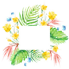 Fototapeta na wymiar Watercolor logo, frame from tropical plants, palm leaves,yellow flowers. Vegetable ornament on a white background. Watercolor card, invitation, logo. 