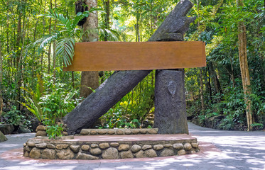 Big wooden blank sing stick on the tree have floor is stone  in the park have nature background.