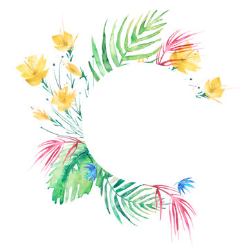 Watercolor round logo, frame from tropical plants, palm leaves, flowers. Vegetable ornament on a white background. Watercolor card, invitation, logo. Circular element for your design