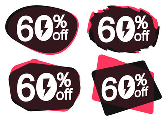 Set Sale 60% off tags, flash bubble banners design template, app icons, vector illustration