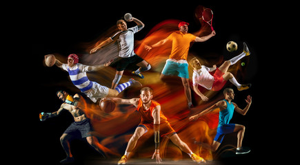 Creative collage of unrecognizable models running and jumping. Advertising, sport, healthy...