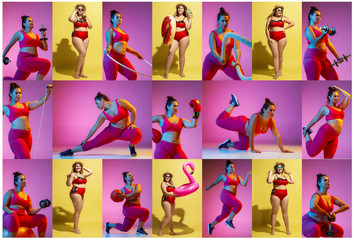 Young caucasian plus size female models training on beach resort on colorful background. Women practicing and chilling. Concept of summertime, party, body positive, equality, healthy lifestyle, sport.