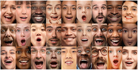 Close up portrait of young people. Human emotions, facial expression. People wondered, astonished, screaming and crazy in happiness, thinking. Creative collage made of different photos of 26 models.
