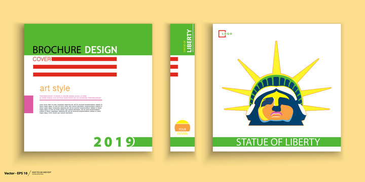 Brochure cover design template. Geometric design, portrait of Statue of Liberty. New York. First page, layout. Multicolored design. Book, booklet album, poster. Annual report, title. format, text