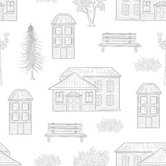 Fototapeta premium Retro Houses, Fir Tree, Bench Seamless Pattern Hand Drawn Vector Illustration