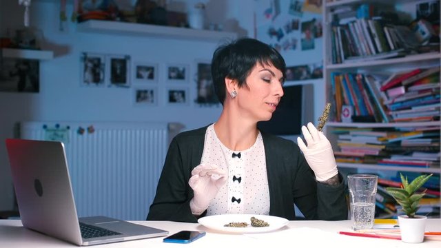 Marijuana seller praises cannabis variety, shows like by hand.