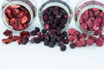 Dry strawberry blackberry raspberry  isolated on white