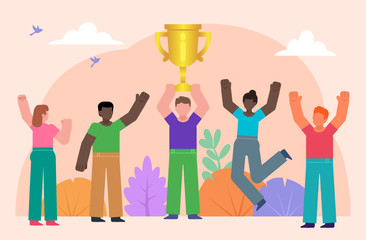 Group of people celebrate victory. Win prize, take first place, teamwork, team building concept. Poster for social media, web page, banner, presentation. Flat design vector illustration