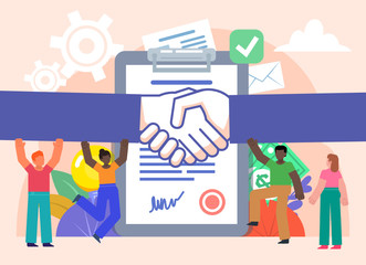 Group of people stand near big document. Handshake, business deal, successful agreement concept. Poster for social media, web page, banner, presentation. Flat design vector illustration
