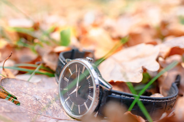 wristwatch on the background of autumn leaves Autumn shot clock lifestyle Autumn