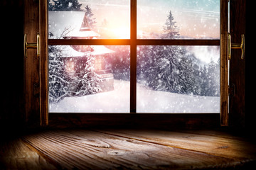 Window wooden sill of free space for your decoration and winter landscape. 