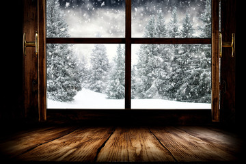Window wooden sill of free space for your decoration and winter landscape. 