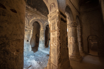 The paths inside Selime Cathedral. Selime Monastery in Cappadocia, Turkey. Selime is town at the end of Ihlara Valley. The Monastery is one of the largest religious buildings. Cave formations.