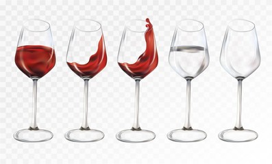 Collection wine glasses empty and water with glasses.Splashes red wine and water. 3D realistic transparent wine glasses. Vector illustration