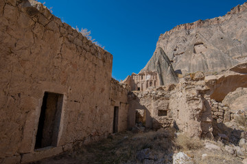 The paths inside Selime Cathedral. Selime Monastery in Cappadocia, Turkey. Selime is town at the end of Ihlara Valley. The Monastery is one of the largest religious buildings. Cave formations.