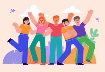 Group of people posing for photo. Good friends, family, team concept. Poster for social media, web page, banner, presentation. Flat design vector illustration