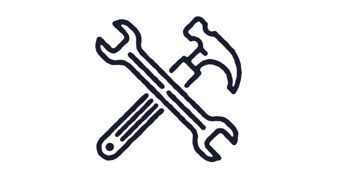 Hammer and wrench outline icon animation footage/video. Hand drawn like symbol animated with motion graphic, can be used as loop item, has alpha channel and it's at 4K video resolution.