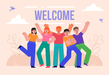 Group of people, team or friends pose for photo. Welcome greetings concept. Poster for social media, web page, banner, presentation. Flat design vector illustration