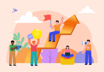 Business growth, chart. Group of people stand near big growth chart or arrow. Poster for social media, web page, banner, presentation. Flat design vector illustration