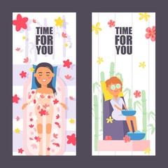 Spa salon vertical banner, vector illustration. Beauty procedures for women, skin care treatment in relaxing atmosphere of spa center. Special offer newsletter, time for you