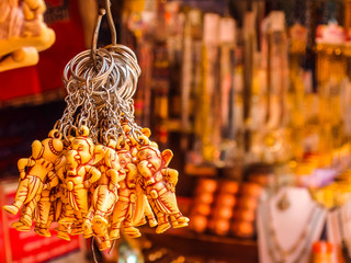 Rishikesh, India. Goods in souvenir shop on the street of Rishikesh.
