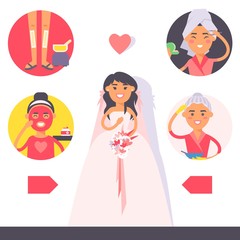 Bride preparing to wedding, vector illustration. Complex of beauty procedures before wedding, skin treatment, face cleansing and hair care. Happy fiancee in beautiful dress