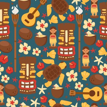 Hawaii seamless pattern, vector illustration. Isolated flat style items, symbols of Hawaiian culture and history. Wrapping paper or fabric print design