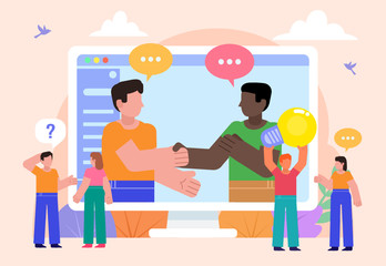 Distance deal, agreement concept. Two men handshake from screen. Poster for social media, web page, banner, presentation. Flat design vector illustration