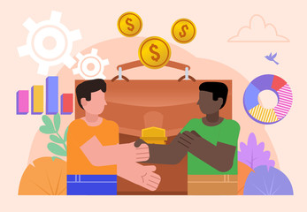 Business deal, agreement. Two men handshake near big business case. Poster for social media, web page, banner, presentation. Flat design vector illustration