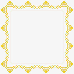 Classic vector square golden frame with arabesques and orient golden elements. Abstract ornament with place for text. Vintage pattern