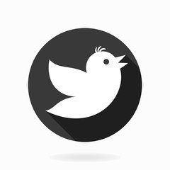 White vector icon with flying bird in the black circle. Flat design with long shadow