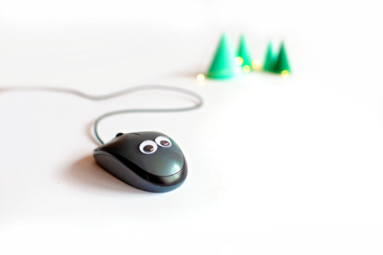 Gray computer mouse with cable and toy eyes