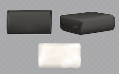 Soap bars set, white lather piece with foam and wrapped in black paper package mock up top and side view isolated on transparent background, hygiene toiletries ad. Realistic 3d vector illustration