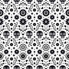 Day of the dead seamless pattern with skulls and flowers on white background. Traditional mexican Halloween design for Dia De Los Muertos holiday party. Ornament from Mexico. - 298035302