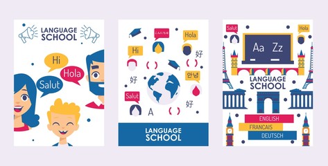Language school banner, vector illustration. Education course book cover, international speaking class advertisement flyer. Learn foreign language