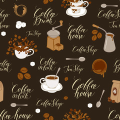 Vector seamless pattern on tea and coffee theme in retro style. Repeatable background with coffee items, splashes and handwritten inscriptions. Suitable for wallpaper, wrapping paper, fabric