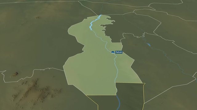 White Nile - state of Sudan with its capital zoomed on the physical map of the globe. Animation 3D