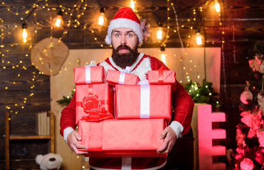 Who was naughty this year. happy new year. Xmas present box. bearded santa deliver presents....