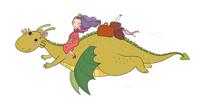 The princess is flying on a dragon. Queen and dinosaur.