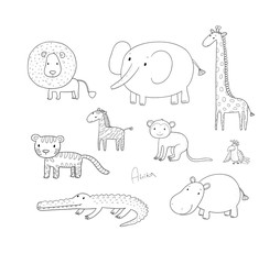 African animals. Cute cartoon lion and tiger, elephant and zebra, monkey and parrot. Fun zoo