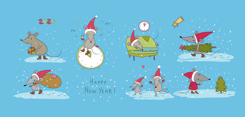Cute cartoon rats. greeting card. Chinese Zodiac Sign Year of Rat. New Year 2020. Animal cartoon character set. Funny mouse and Christmas tree