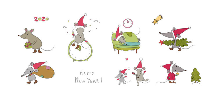 Cute cartoon rats. greeting card. Chinese Zodiac Sign Year of Rat. New Year 2020. Animal cartoon character set. Funny mouse and Christmas tree