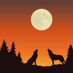 two wolves howls at the full moon orange and brown landscape vector illustration EPS10