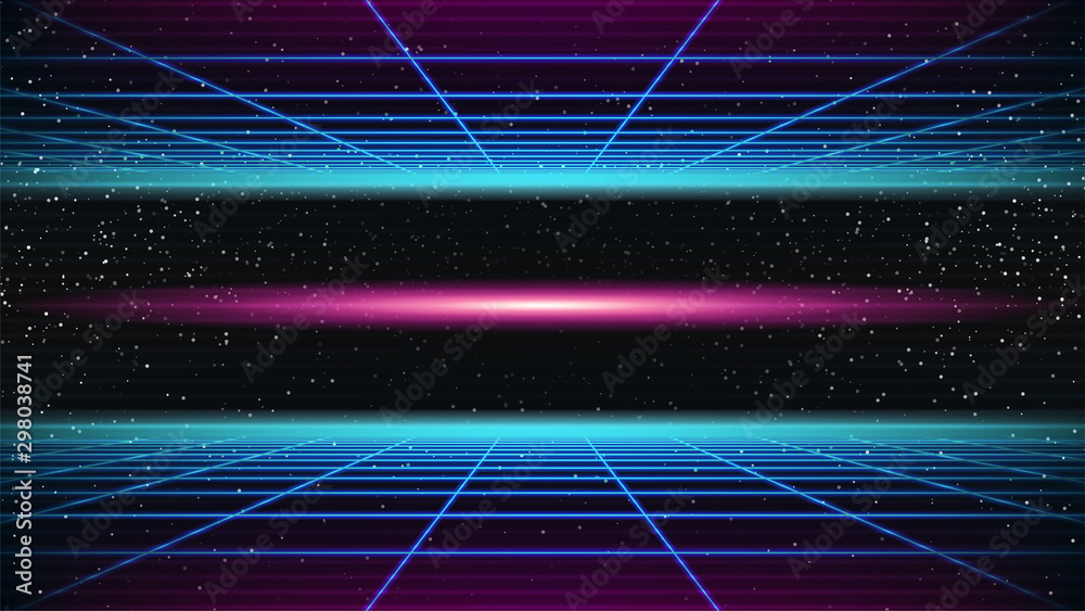 Wall mural synthwave background. 80s retro style. dark futuristic 3d backdrop with blue perspective grids and r