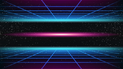 Synthwave background. 80s Retro style. Dark Futuristic 3d backdrop with blue Perspective Grids and red scary glowing in distance. Geometric sci-fi digital template. Stock vector illustration