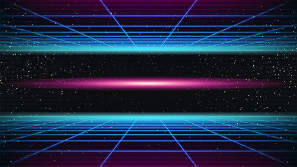 Synthwave background. 80s Retro style. Dark Futuristic 3d backdrop with blue Perspective Grids and red scary glowing in distance. Geometric sci-fi digital template. Stock vector illustration